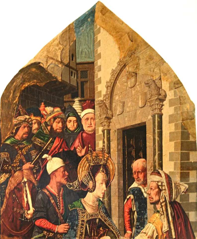 A crowned young woman with a halo surrounded by turbaned men and soldiers who lead her toward a stone doorway