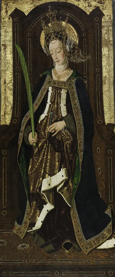 A young crowned saint in a dark brocade robe seated on a gilded Gothic throne, holding a palm branch