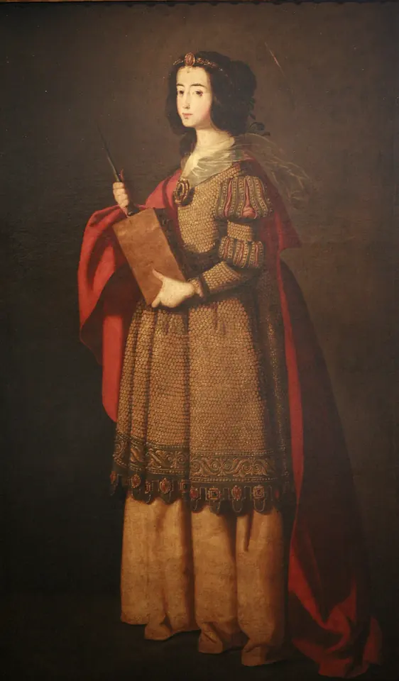 A young woman in an embroidered gold gown and red cloak, with pearls in her dark hair, holding a book and a long slender nail