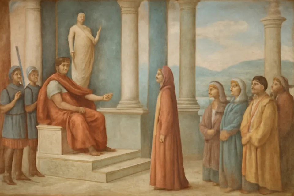 Fresco-style scene of a young noblewoman standing before a Roman governor on his tribunal in Caesaraugusta, surrounded by soldiers and her companions