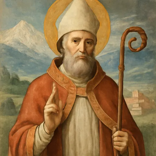 Fresco-style portrait of St. Gratus of Aosta as a bearded bishop in a white miter and red cope, holding a crozier, with Alpine peaks and storm clouds behind him