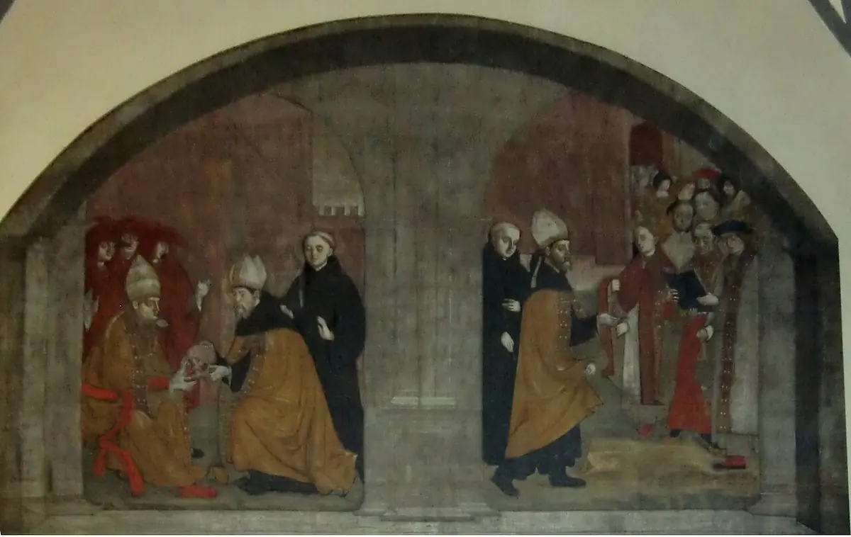 Arched painting in muted reds and golds showing bishops and monks meeting and kneeling in a church, with townspeople gathered at the right