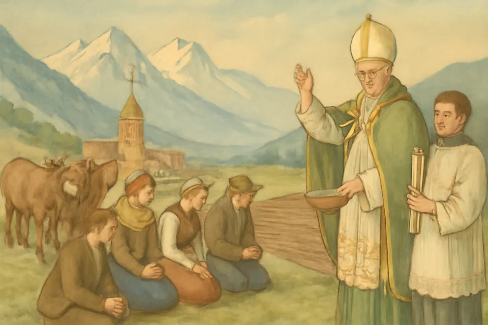 Watercolor-style scene of a bishop blessing water, candles and plowed fields in an Alpine valley in spring while farmers kneel nearby