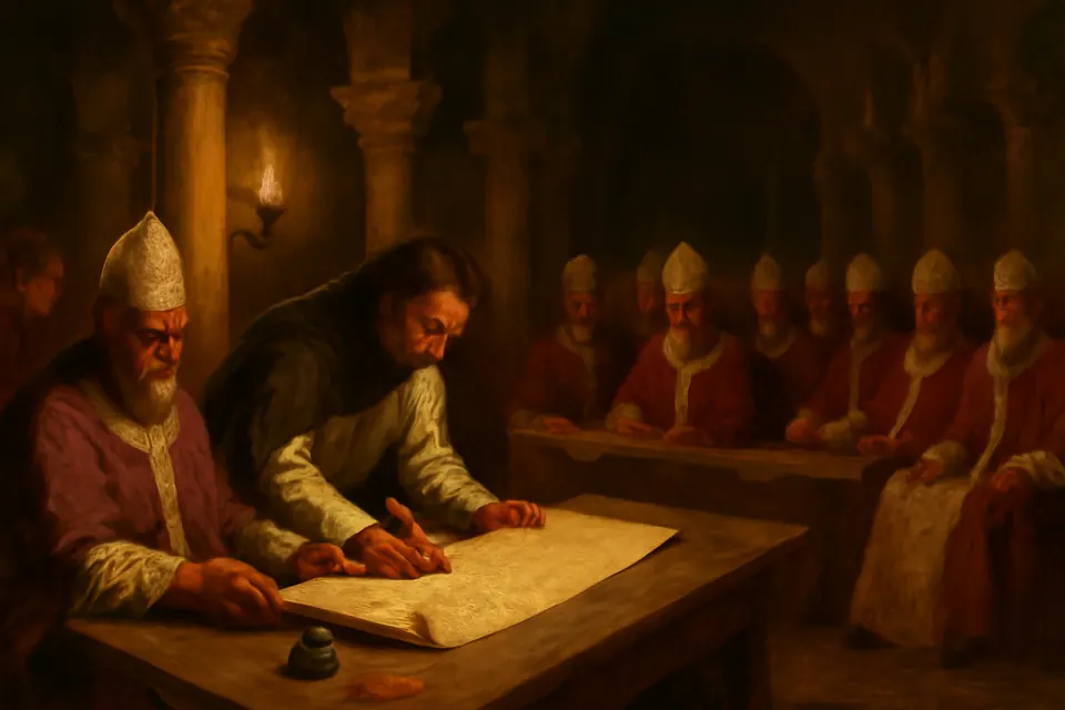 Oil-painting-style scene of a priest in a plain white tunic and dark cloak signing a parchment letter at a long table among seated bishops in a Roman basilica