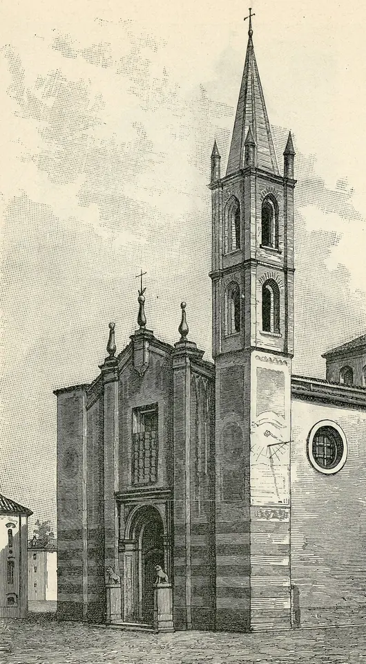 Woodcut of a tall brick church with a pointed spire and a carved facade in the town of Castellazzo Bormida