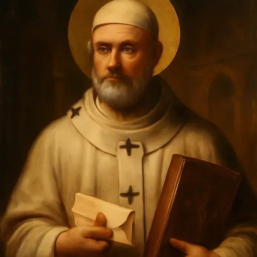 Oil-painting-style portrait of Pope St. Gregory II, an aging Roman pope in white and gold vestments with the pallium, holding a sealed letter and a Gospel book