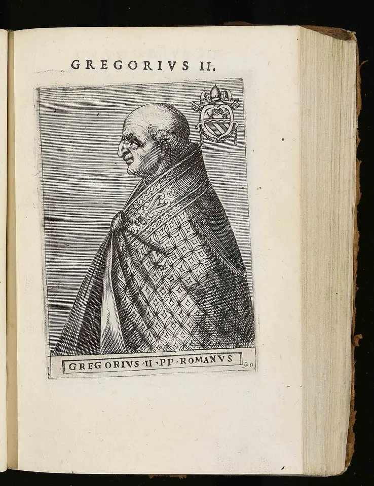 Engraved profile portrait of Pope Gregory II in an embroidered cope and skullcap, with a coat of arms, on a page of an open printed book