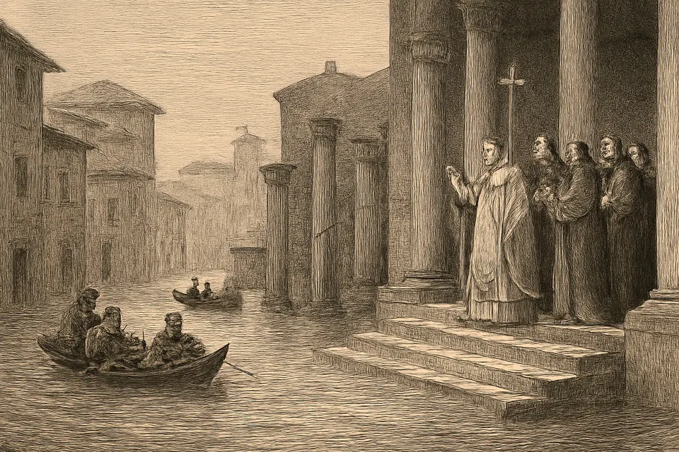 Engraving-style scene of the flooded streets of early medieval Rome, with Romans in small boats and a pope and clergy on the steps of a church praying