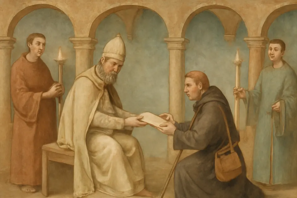 Fresco-style scene of a pope seated in a Roman hall handing a sealed letter to a young English monk in a dark habit who kneels before him