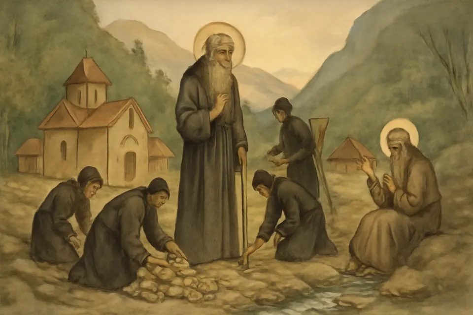 Watercolor-style scene of monks clearing rocky ground with their hands beside a small wooden church on a steep wooded mountainside