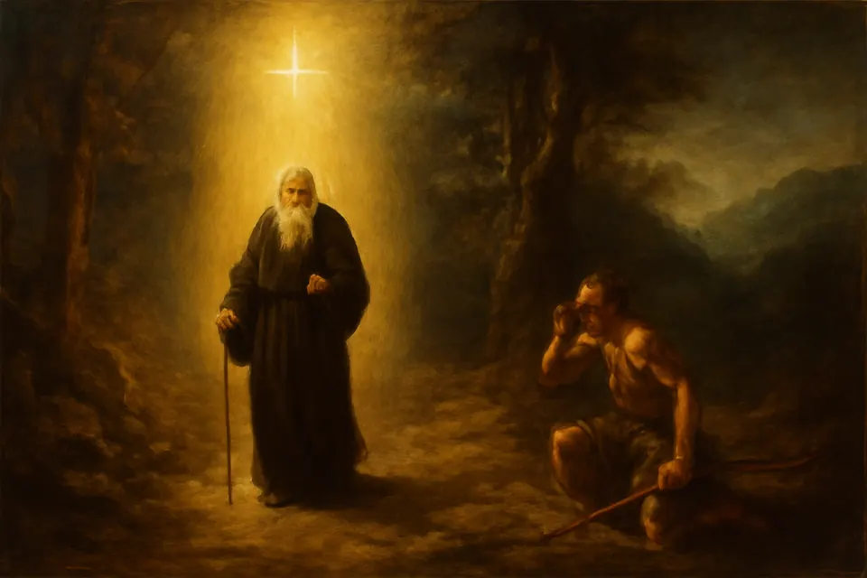 Oil-painting-style scene of an old monk walking down a forest path surrounded by a pillar of light while a frightened archer drops his bow in the trees