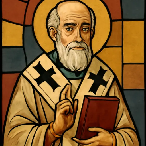 Icon-style portrait of St. Gregory of Nazianzus as an elderly balding bishop with a full white beard, holding a closed book