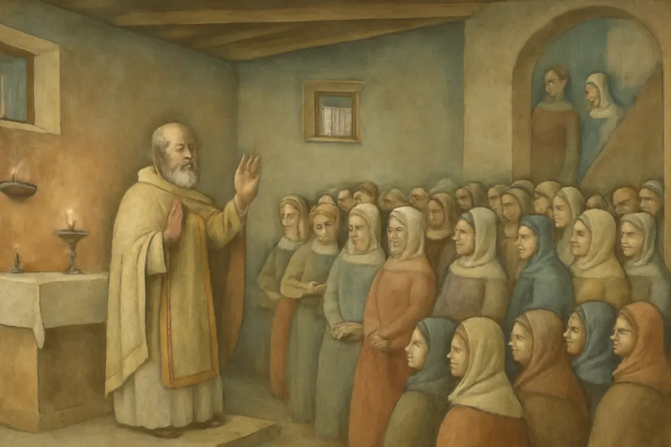 Illustration of Gregory preaching to a small crowded congregation in the house chapel of the Anastasia in Constantinople