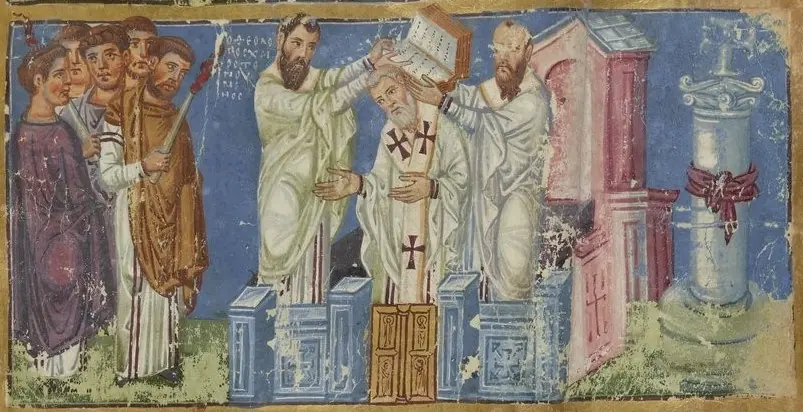 Byzantine manuscript painting of bishops in white laying a Gospel book on the head of Gregory, who stands between them before a group of clerics