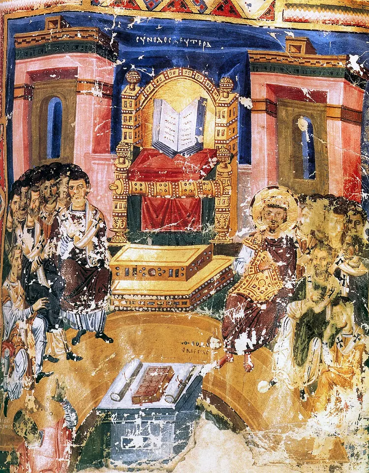 Worn Byzantine miniature of bishops seated in a semicircle around a throne on which an open Gospel book rests