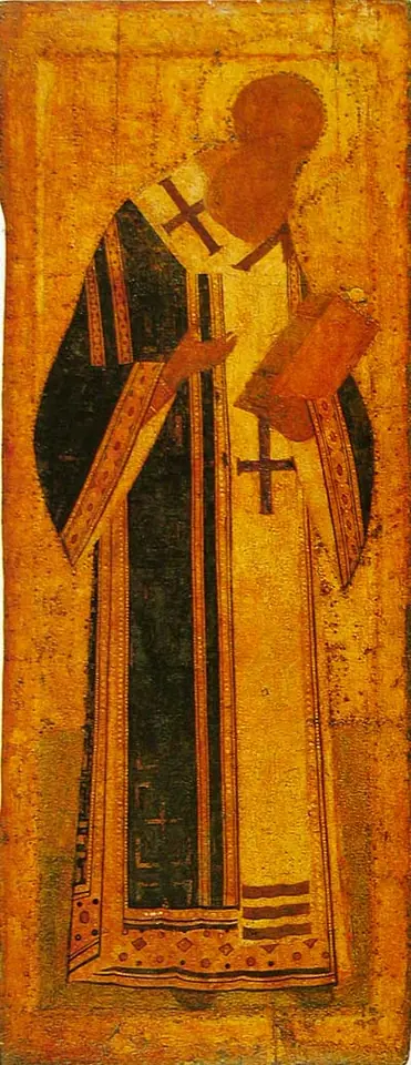 Tall Russian icon of Gregory standing turned to one side, head bowed, in a dark vestment and white cross-marked stole, holding a book, against a gold ground