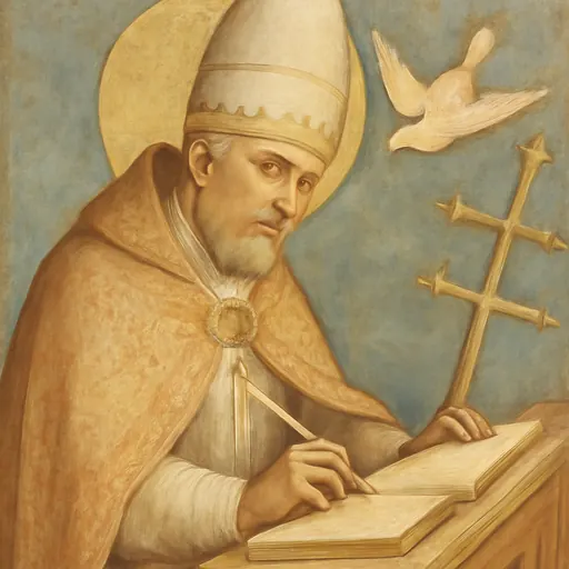 Oil-painting-style portrait of Pope St. Gregory the Great, an older bearded pope in a gold cope and tiara, writing in a book while a white dove hovers at his ear