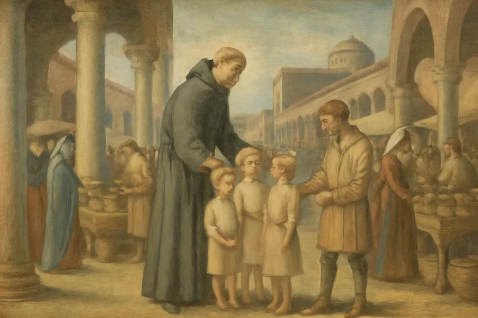 Illustration of the monk Gregory stopping in a Roman marketplace to speak with fair-haired English boys offered for sale