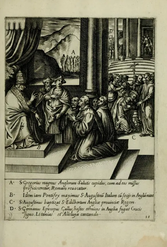 Engraving of a seated pope blessing kneeling monks as they set out, with small background scenes of their journey and a king baptized, and a Latin key below