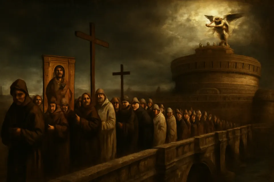 Illustration of the great penitential procession through plague-stricken Rome in 590, with an angel sheathing a sword above Hadrian's tomb