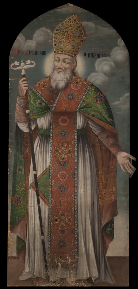 Tall oil painting of St. Gregory the Illuminator standing in an ornate green and red cope and a jeweled miter, holding a crozier and stretching out his left hand