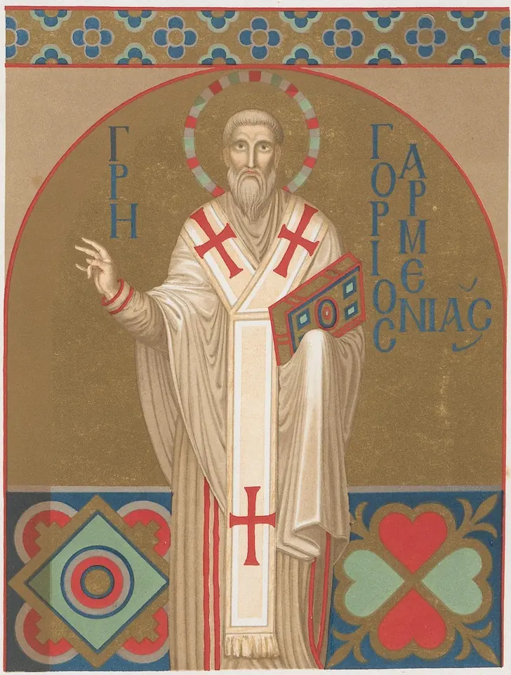 Byzantine mosaic of St. Gregory the Illuminator standing on a gold ground in white vestments marked with red crosses, raising his right hand in blessing and holding a jeweled book
