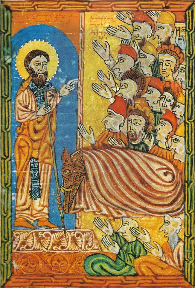 Armenian manuscript painting of St. Gregory with a halo, pointing toward a figure with a boar's head lying on a striped bed, as a crowd of people with raised hands fills the right side