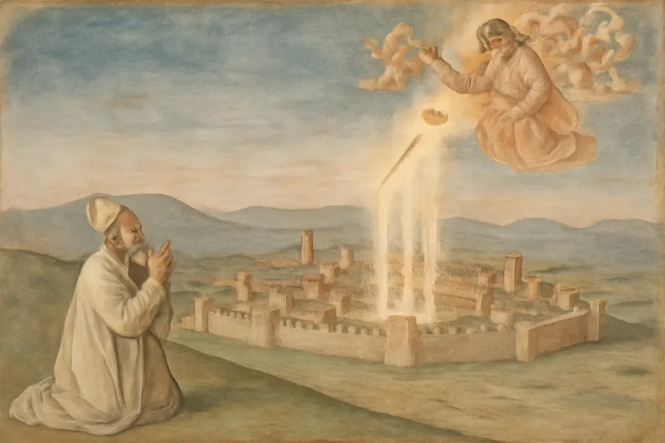 Fresco-style scene of St. Gregory seeing a radiant figure come down from heaven and strike the earth with a golden hammer above the city of Vagharshapat