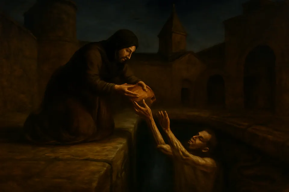 Oil-painting-style scene of a widow at night lowering a loaf of bread into a deep stone pit where a thin bearded prisoner reaches up for it