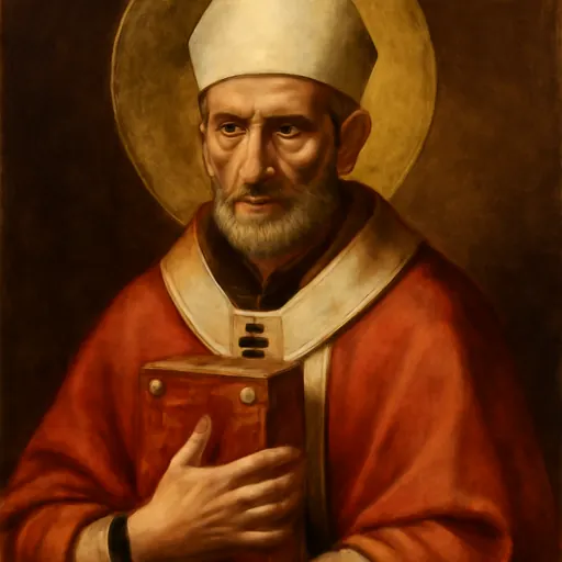 Oil-painting-style portrait of Pope St. Gregory VII as a short, stern older man in a white miter and red papal mantle, holding a book of the Gospels