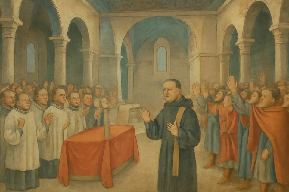 Fresco-style scene of the clergy and people of Rome crowding around a reluctant archdeacon in the Lateran basilica, shouting for him to be pope