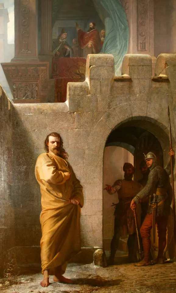 Nineteenth-century painting of a barefoot penitent king in a long pale robe standing in the snowy courtyard of a castle gate, while guards and onlookers watch from the walls