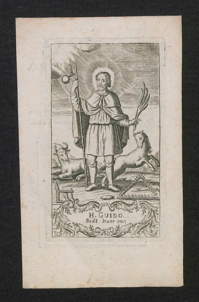 Eighteenth-century devotional engraving of St. Guido as a pilgrim with staff and palm, with a horse and an ox at his feet