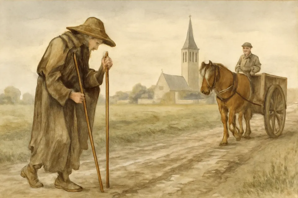 Watercolor-style illustration of an exhausted pilgrim returning on foot to a Brabant village