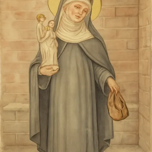 Watercolor-style portrait of St. Hedwig of Silesia as an older duchess in a gray habit and white veil, barefoot, holding a pair of shoes and a small statue of the Virgin Mary