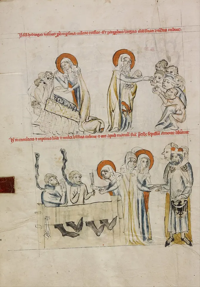 Two pen-and-wash scenes on a manuscript page, above Hedwig feeding the sick in their beds and below Hedwig bringing food to prisoners in stocks