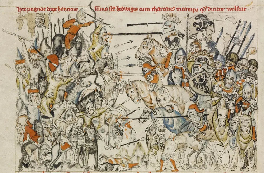 Crowded manuscript drawing of mounted knights with lances and shields clashing with Mongol horsemen shooting arrows