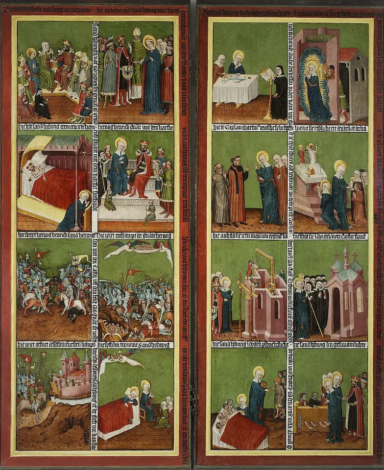 Two painted altarpiece wings divided into small green-backed panels showing scenes from the life of St. Hedwig, including a battle, a funeral and her prayer