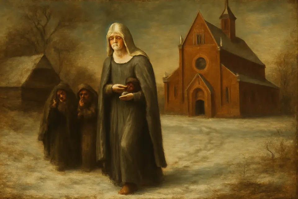 Illustration of St. Hedwig walking barefoot through snow to church, carrying her shoes, while her shivering maids follow