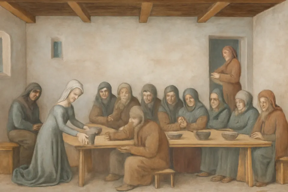 Illustration of St. Hedwig kneeling to serve food to poor men and women seated at a long table