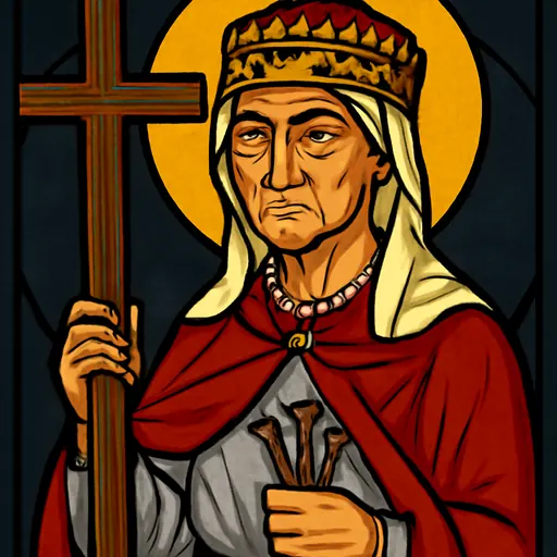 Oil-painting-style portrait of St. Helena as an elderly empress in a crown and red mantle, holding a tall wooden cross