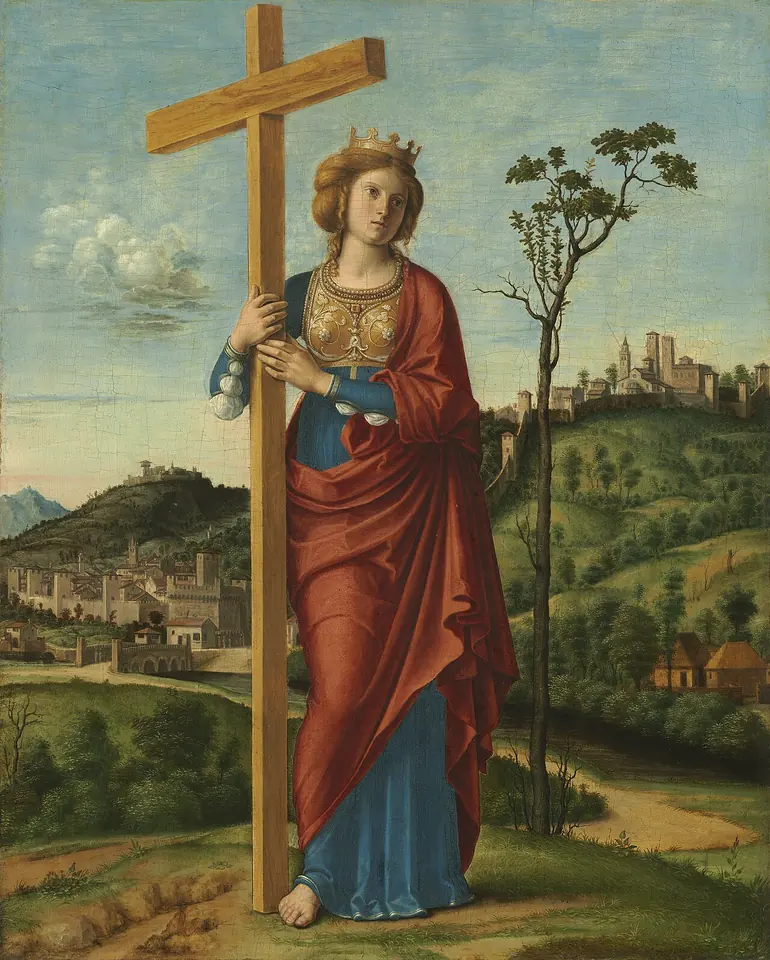 Venetian painting of a young crowned St. Helena in a red mantle over a blue gown, holding a tall wooden cross in a hilly landscape with a walled town behind her