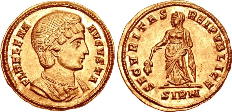 Both sides of a gold Roman coin, one with the diademed bust of Helena and the words FL HELENA AVGVSTA, the other with a standing veiled woman and the words SECVRITAS REIPVBLICE