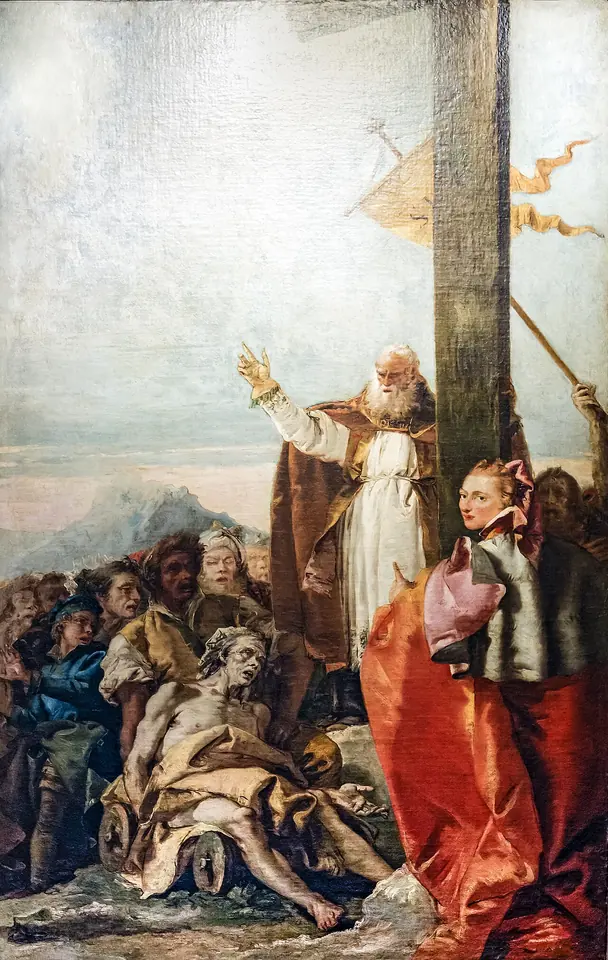 Painting of a white-bearded bishop raising his hand beside a tall cross while a crowned woman in red points to a sick man lying at its foot, healed, as a crowd watches