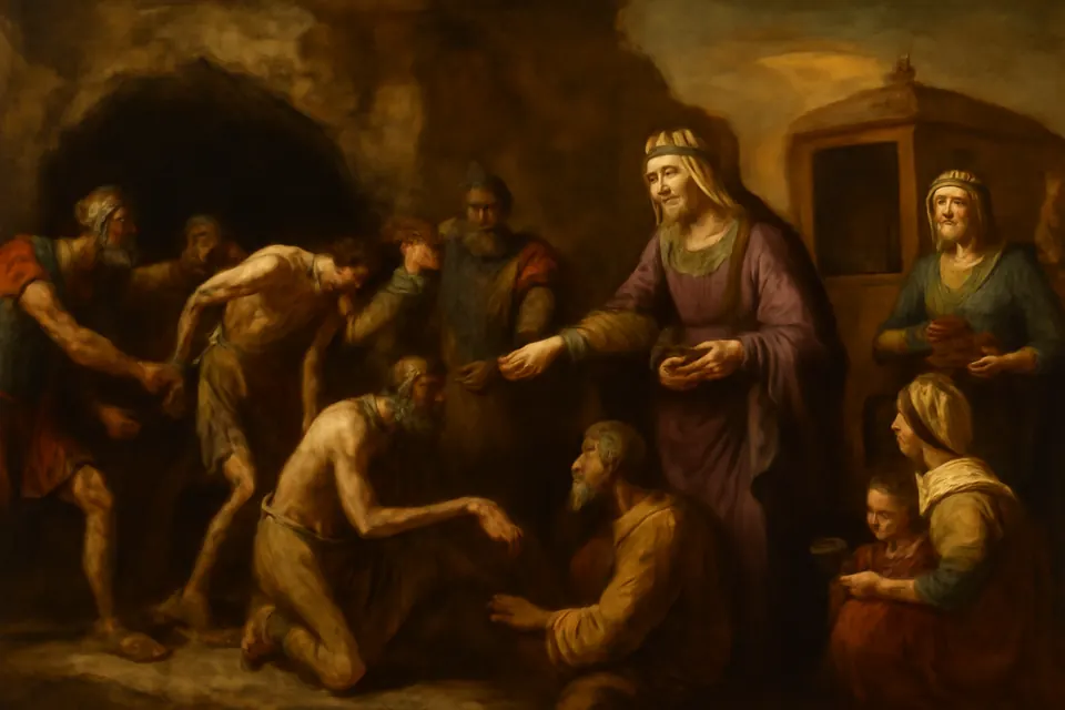 Illustration of Helena ordering the release of prisoners from a mine in the eastern Roman provinces