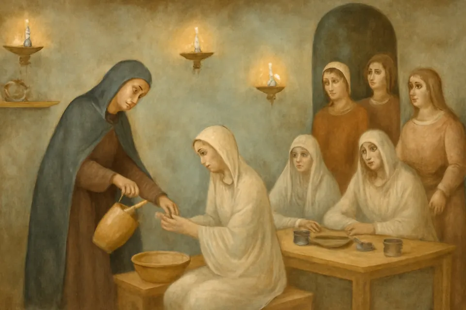 Illustration of the empress Helena serving food and drink to a group of consecrated women at a meal in Jerusalem