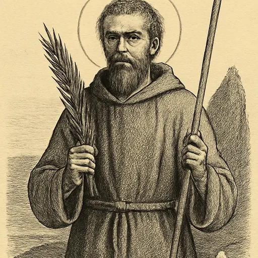 Engraving-style portrait of St. Helier as a lean bearded hermit in a rough hooded habit, holding a martyr's palm before a rock in the sea