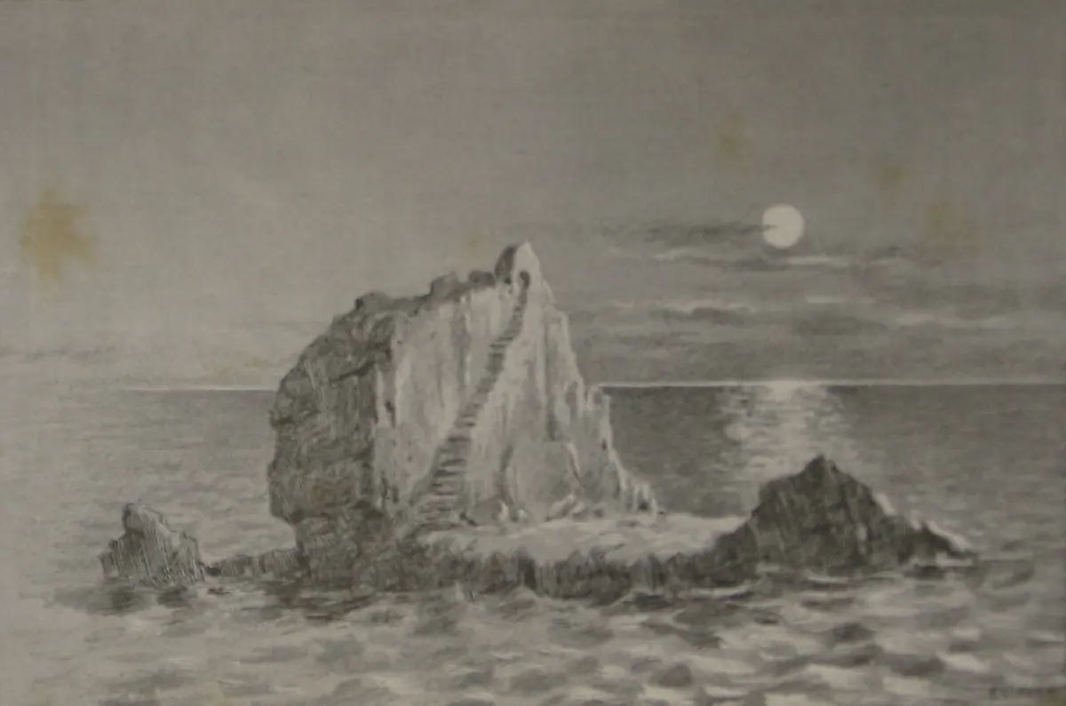 Gray engraving of a steep, jagged rock rising from a calm sea under a moon, with a small building at its summit