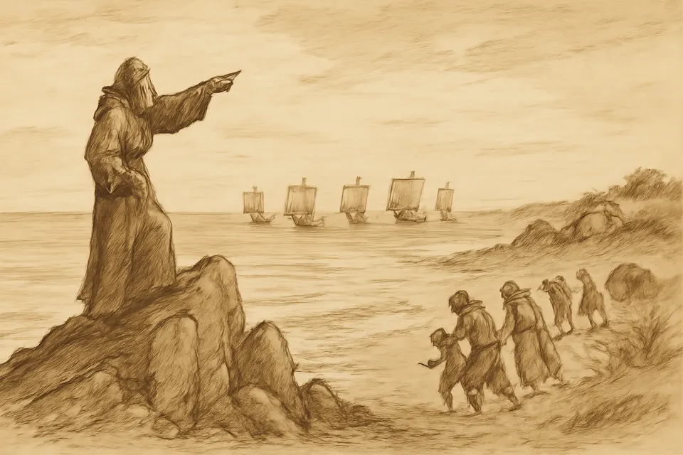 Illustration of St. Helier standing on his rocky islet at dawn, pointing toward approaching raider ships while fishermen hurry inland