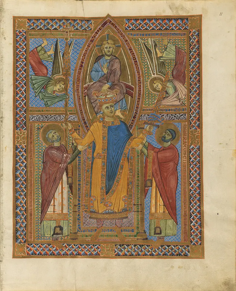 A gold-ground medieval manuscript painting of a king being crowned by Christ from above, while two bishops support his arms and angels bring him a sword and lance